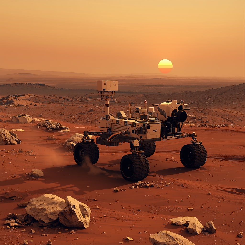 Prompt: A surface rover exploring the red dusty terrain of Mars with a sunset in the distance, high detail, realistic, no woman